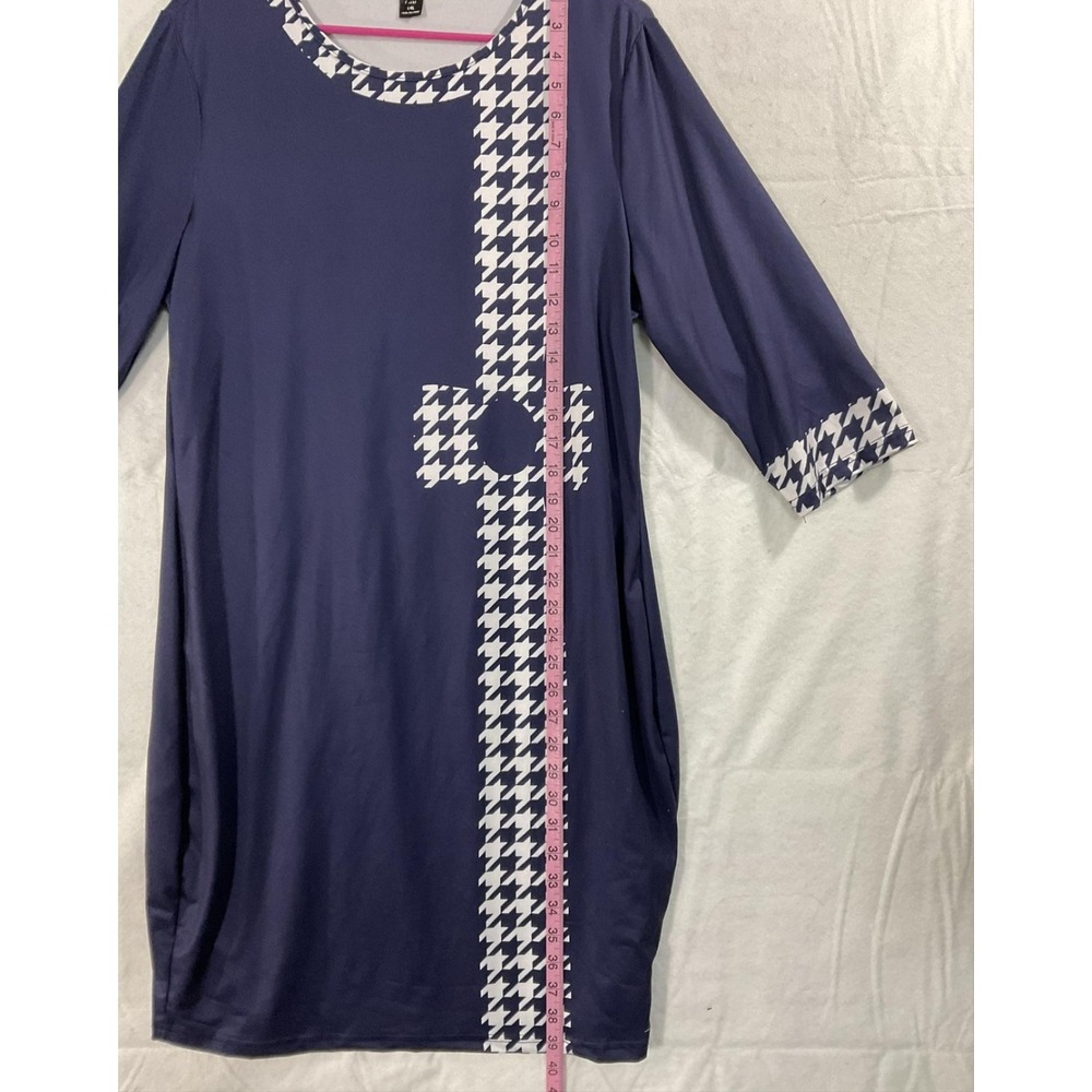 SheIn Dress Womens L/XL Blue Houndstooth Bow 3/4 Sleeve Shift Knee Length Jersey - Picture 5 of 9
